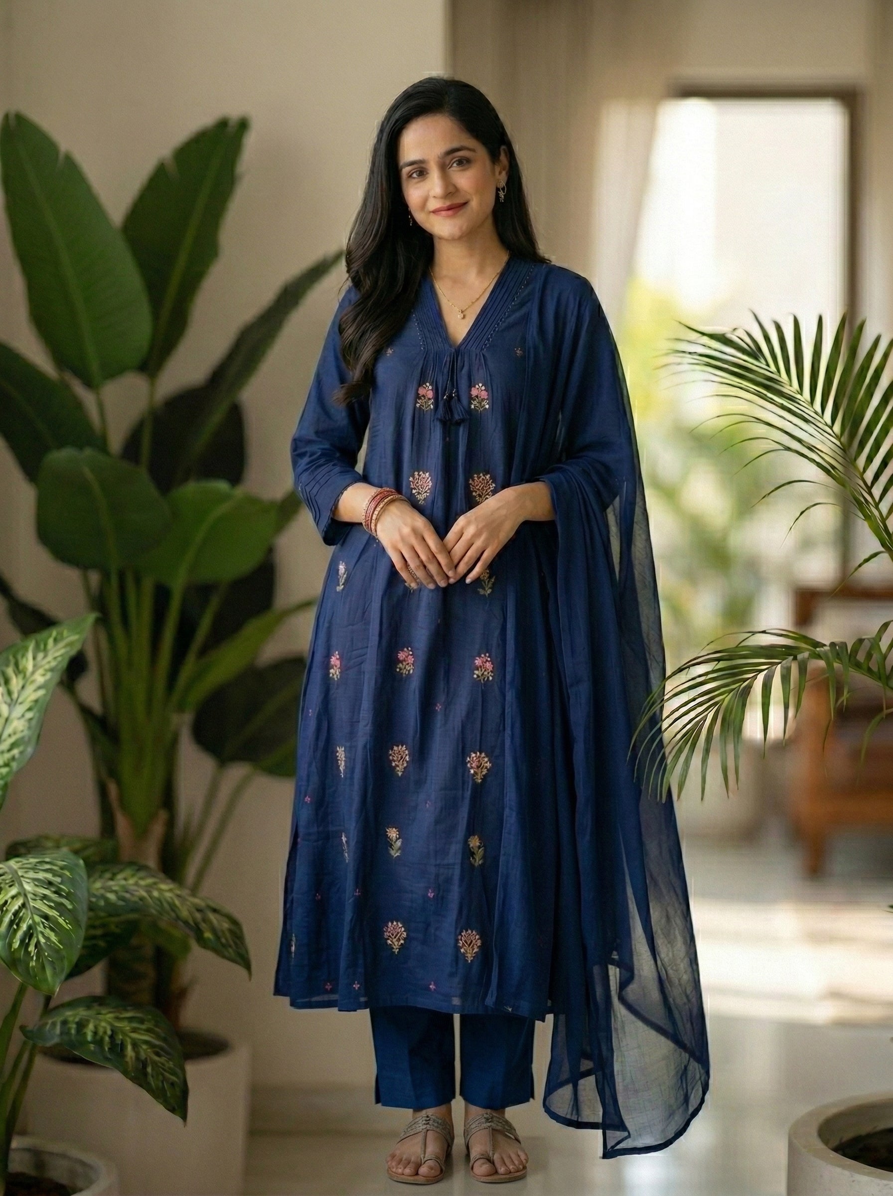 Stylish Navy Blue Cotton Suit Set with Elegant Handwork Touch