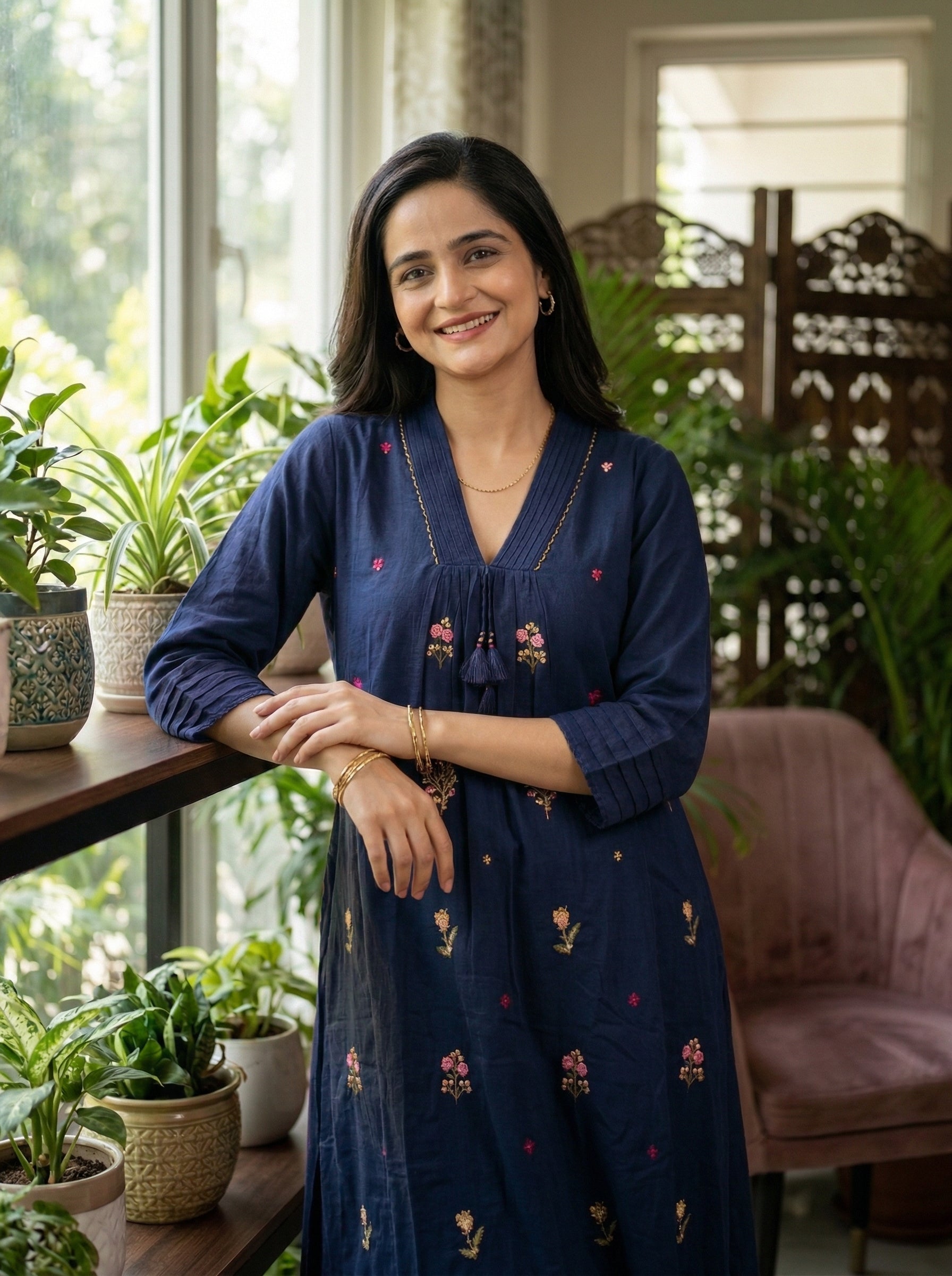 Stylish Navy Blue Cotton Suit Set with Elegant Handwork Touch