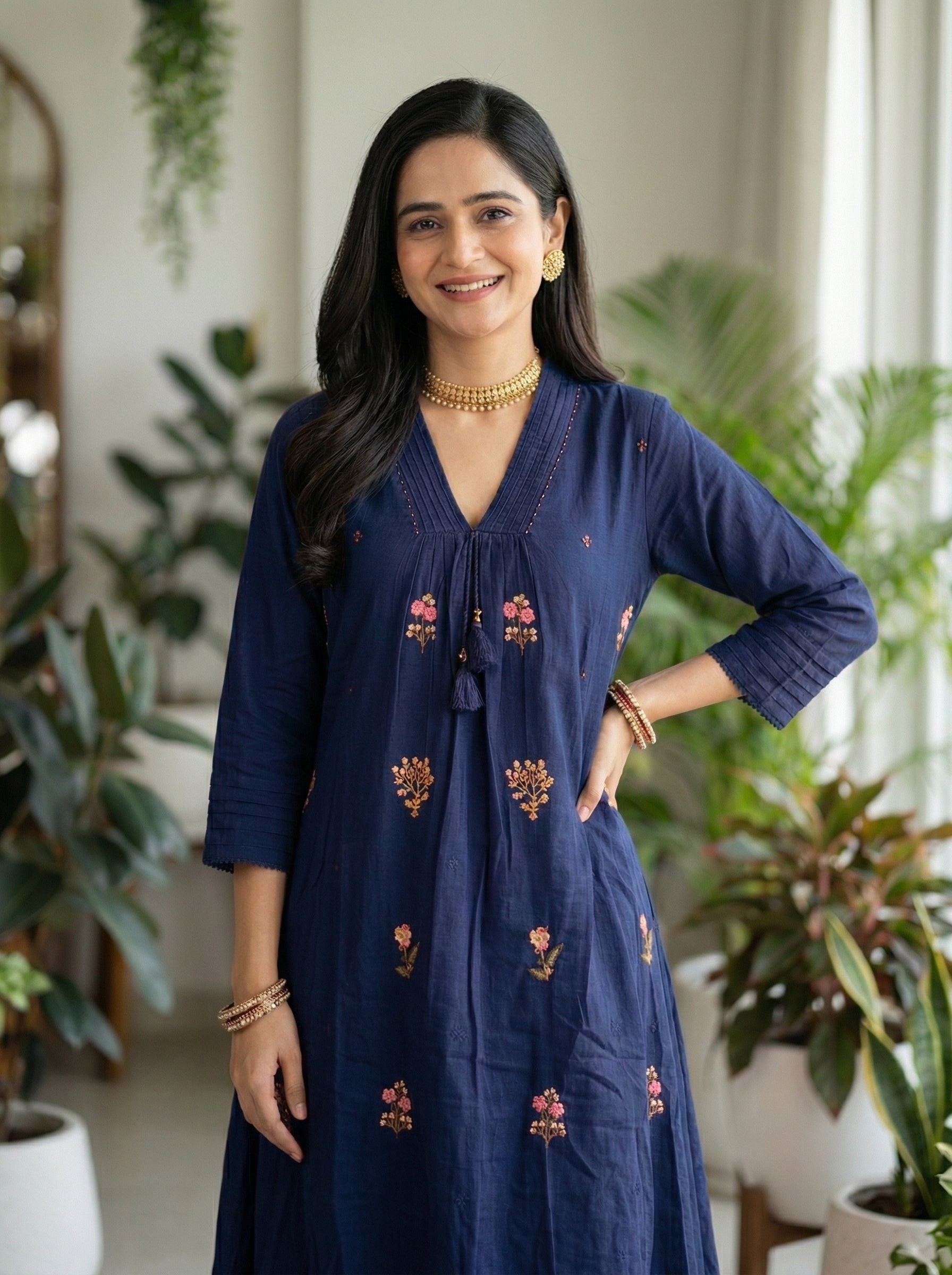 Stylish Navy Blue Cotton Suit Set with Elegant Handwork Touch