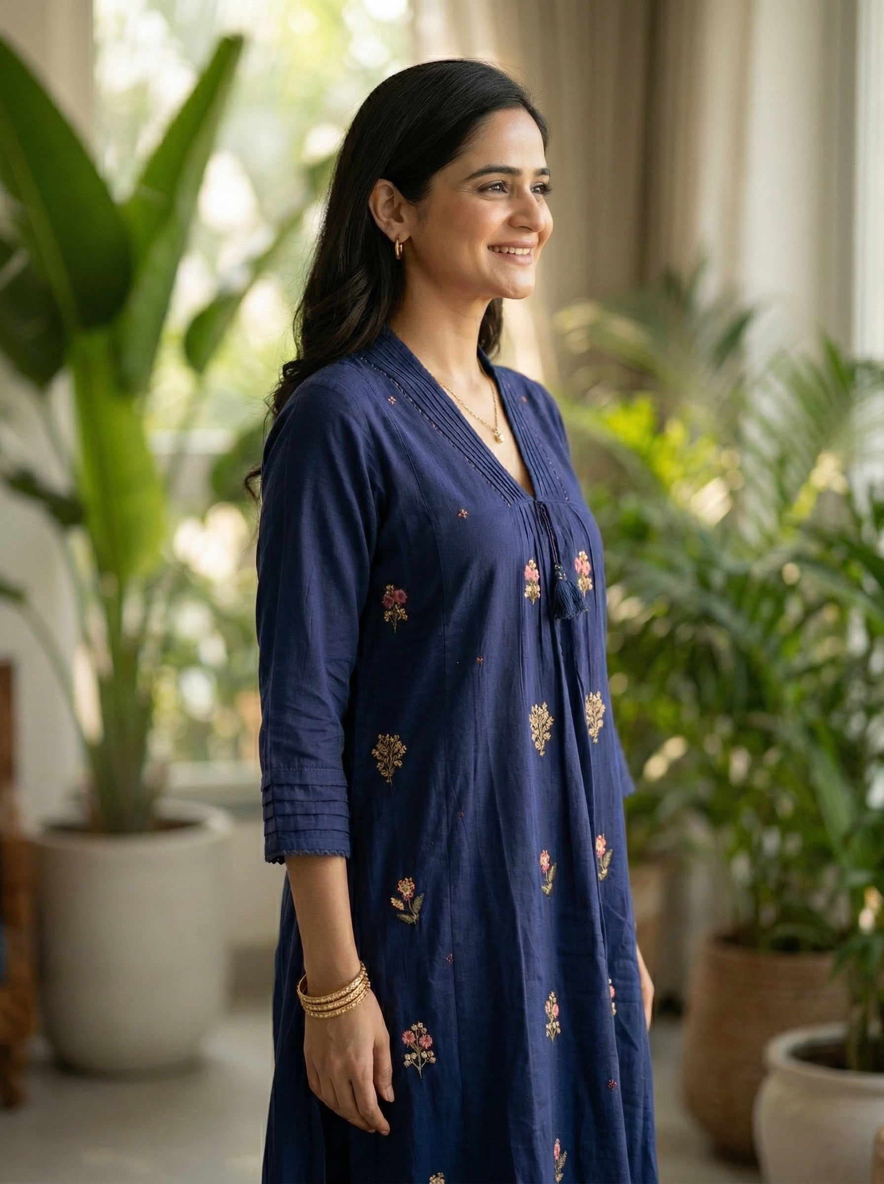 Stylish Navy Blue Cotton Suit Set with Elegant Handwork Touch