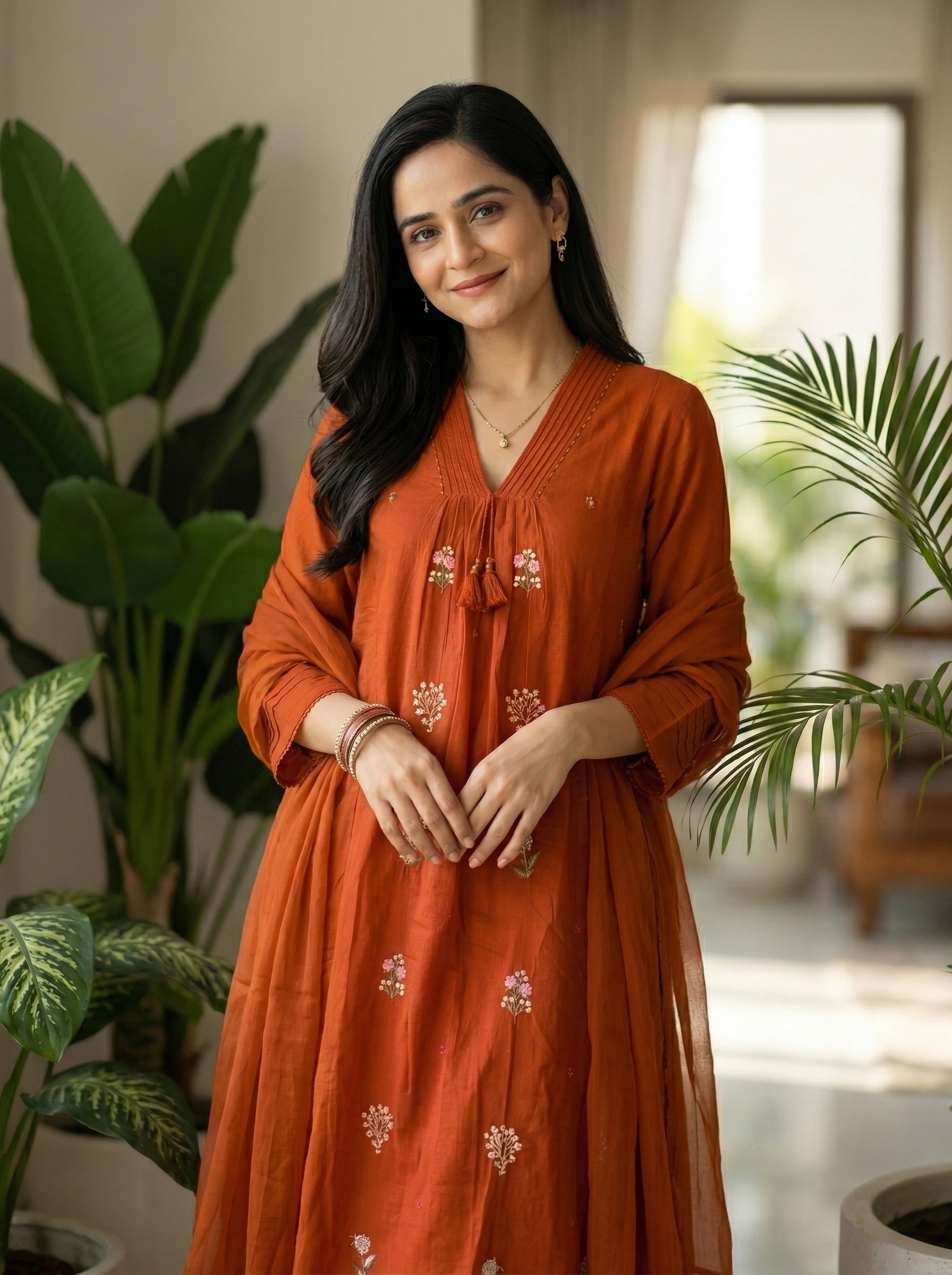 Timeless Orange Cotton Suit Set with Fine Floral Embroidery