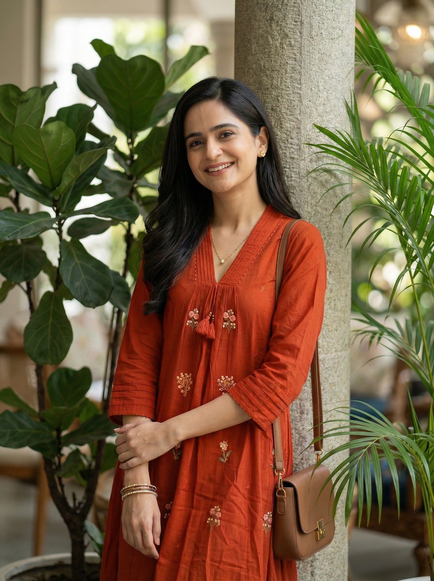 Timeless Orange Cotton Suit Set with Fine Floral Embroidery