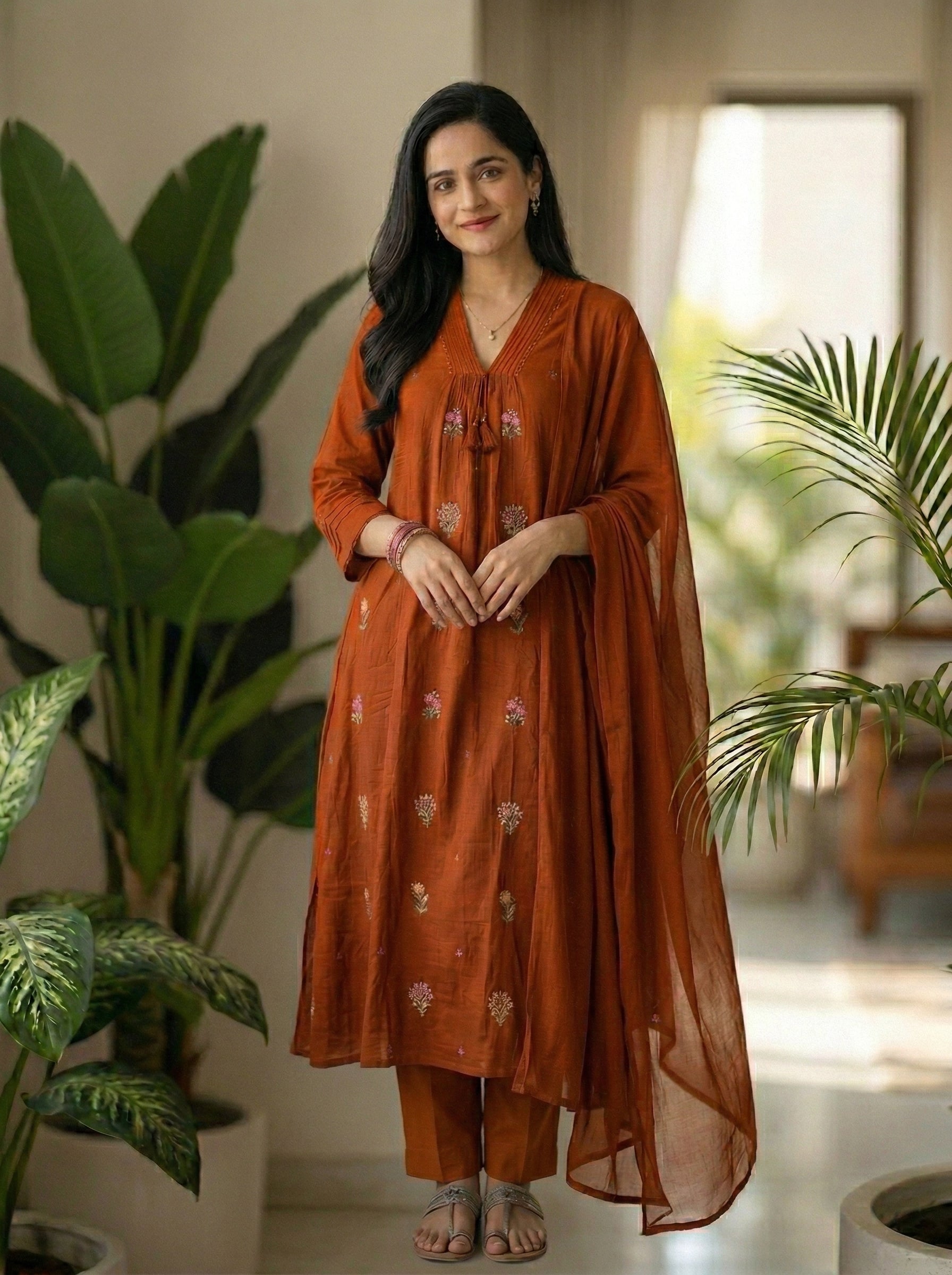 Timeless Orange Cotton Suit Set with Fine Floral Embroidery