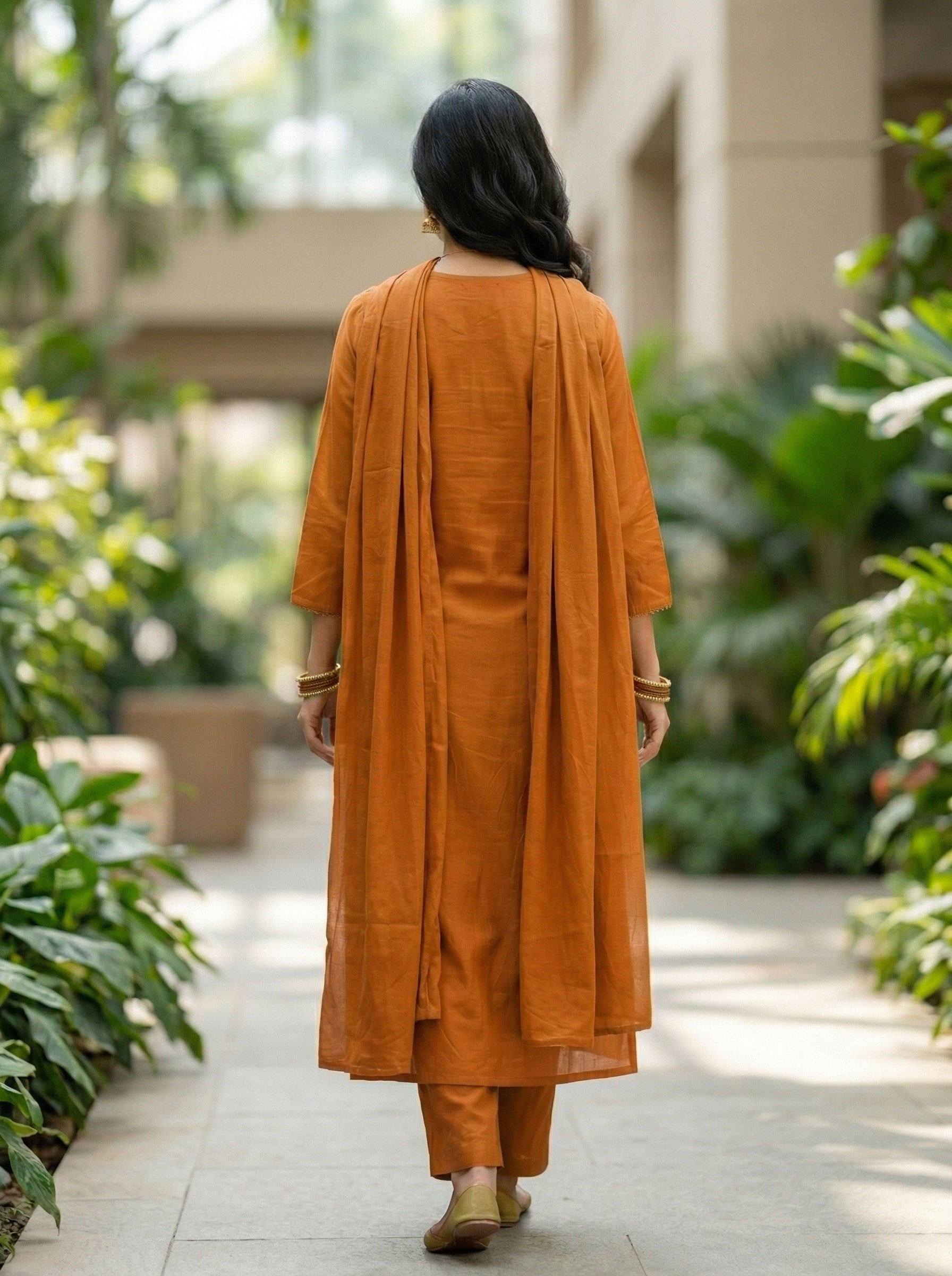 Timeless Orange Cotton Suit Set with Fine Floral Embroidery