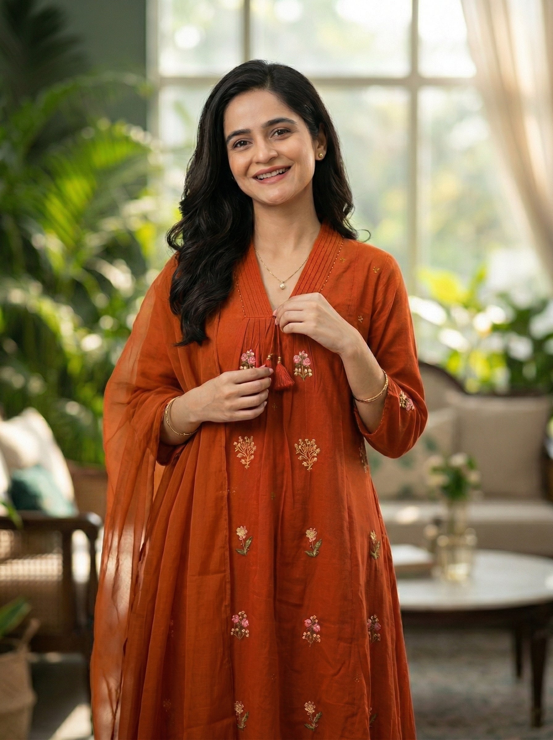Graceful Orange Cotton Ethnic Suit Set with Elegant Detailing