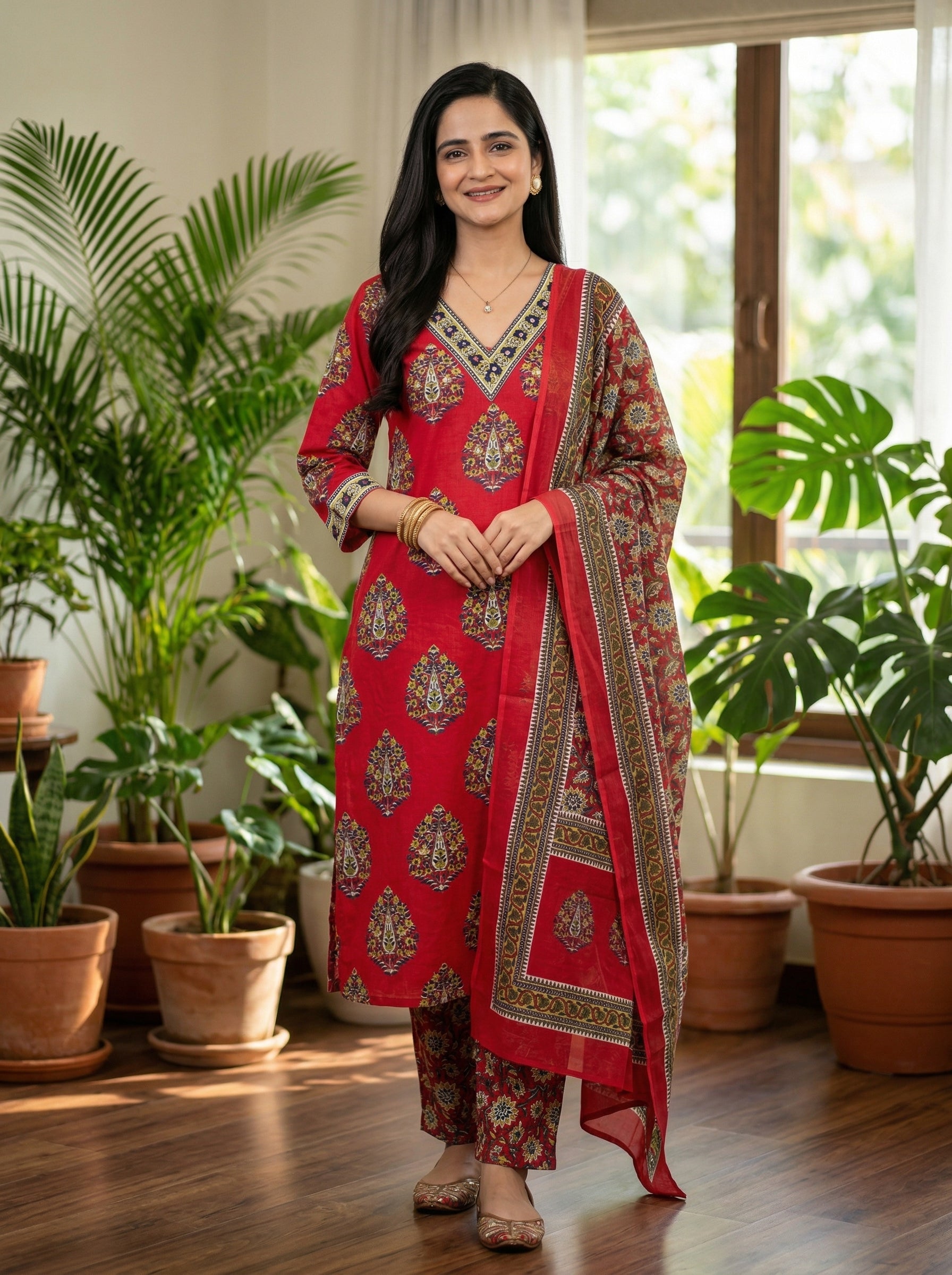 Graceful Maroon Cotton Ethnic Suit Set with Elegant Detailing