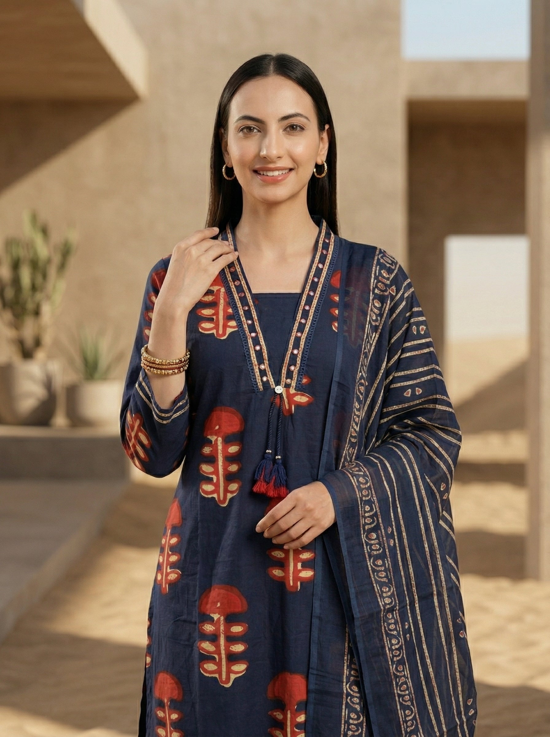 Classic Navy Blue Cotton Kurta Set with Dupatta – Timeless Ethnic Style