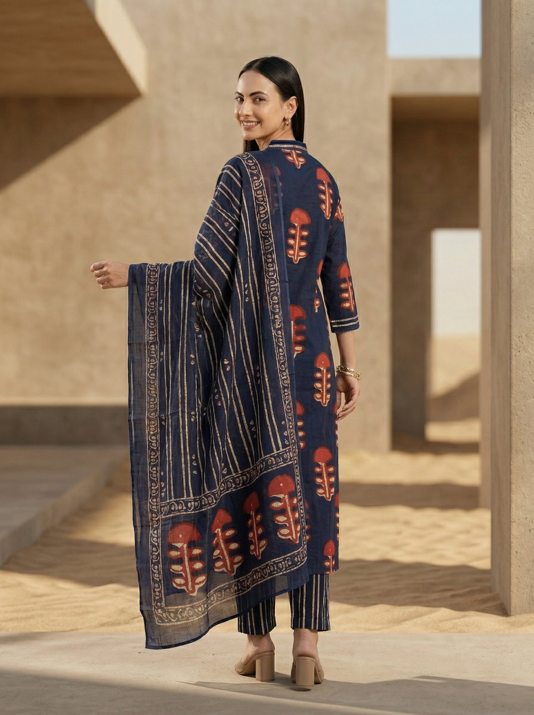 Classic Navy Blue Cotton Kurta Set with Dupatta – Timeless Ethnic Style