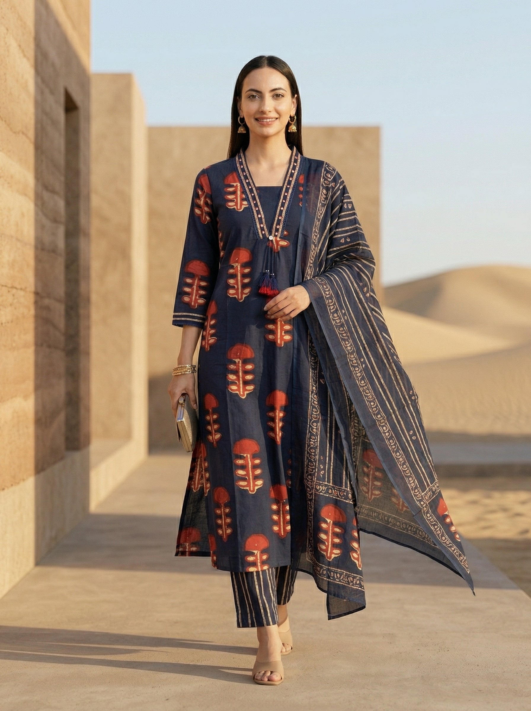 Classic Navy Blue Cotton Kurta Set with Dupatta – Timeless Ethnic Style