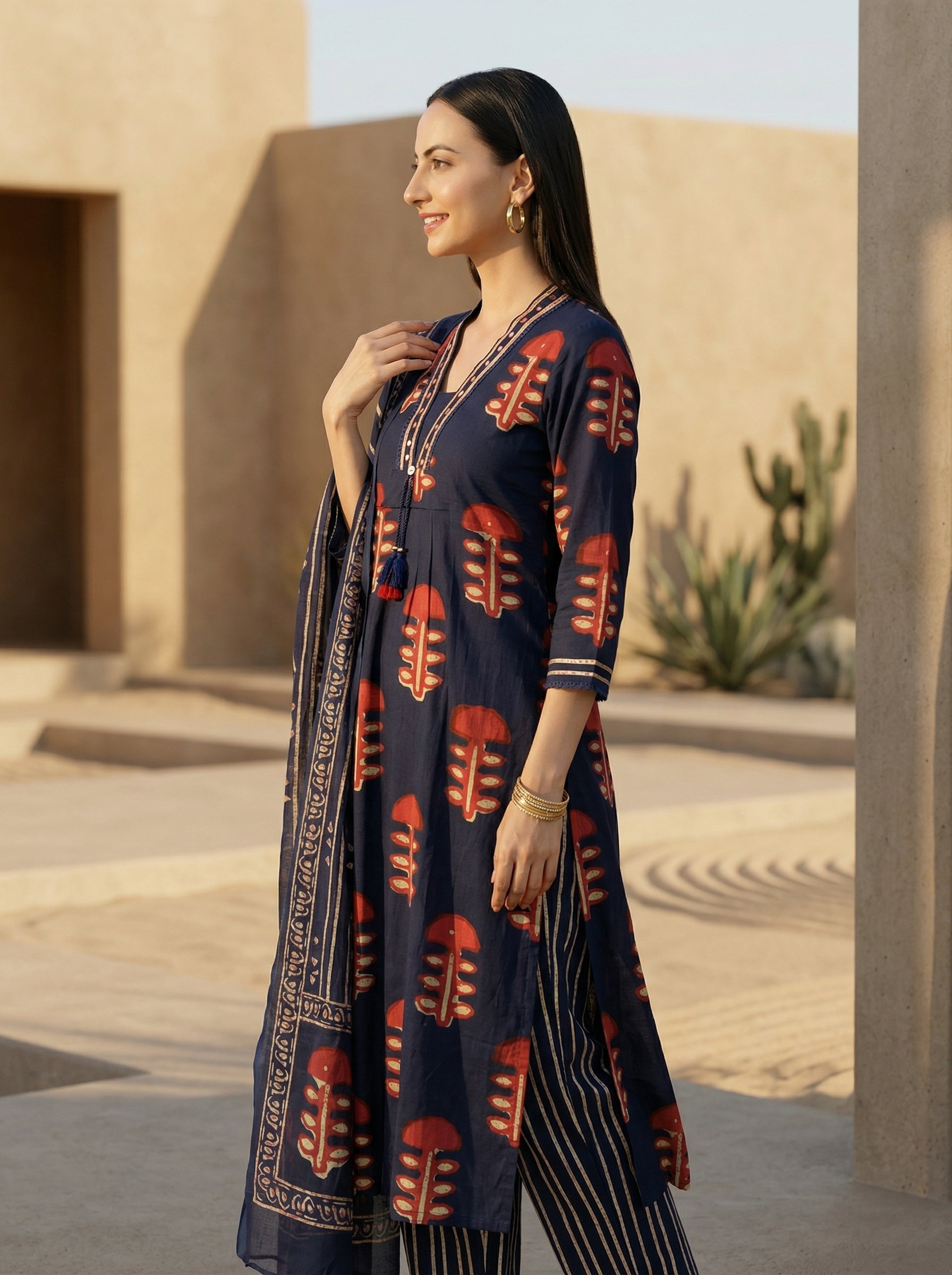 Classic Navy Blue Cotton Kurta Set with Dupatta – Timeless Ethnic Style