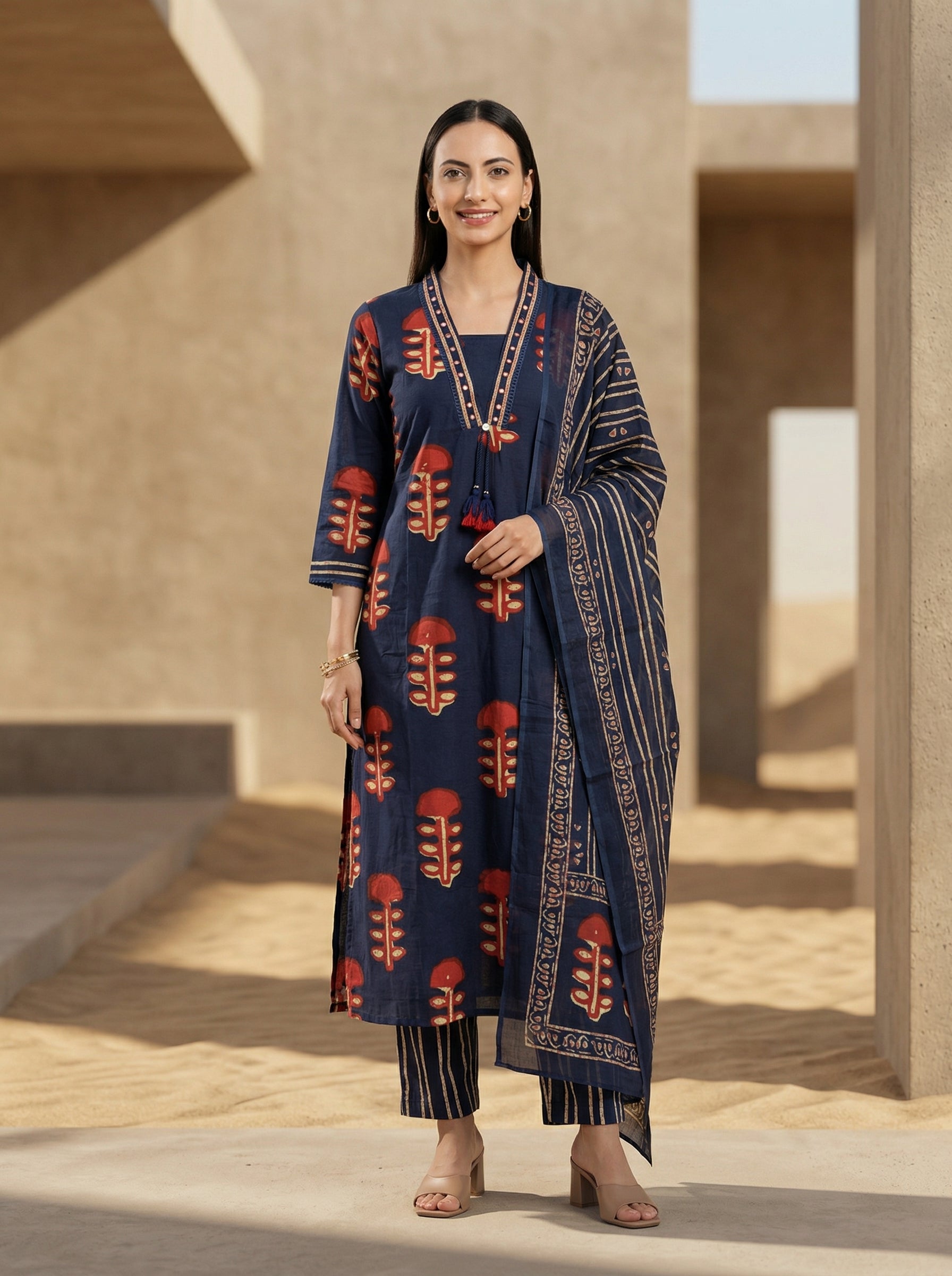 Classic Navy Blue Cotton Kurta Set with Dupatta – Timeless Ethnic Style