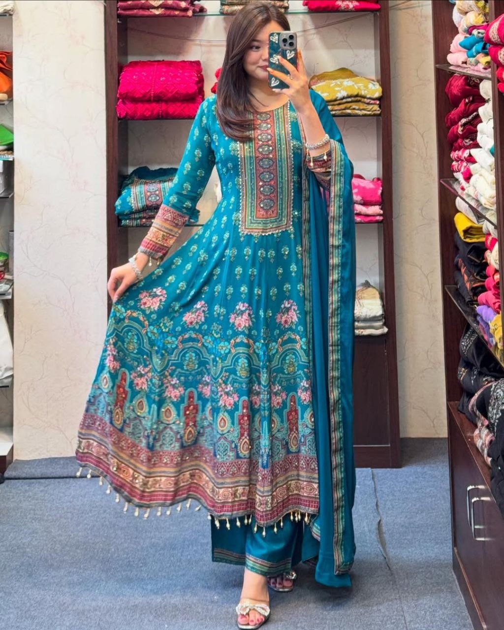Graceful Blue Chinon Ethnic Suit Set with Elegant Detailing