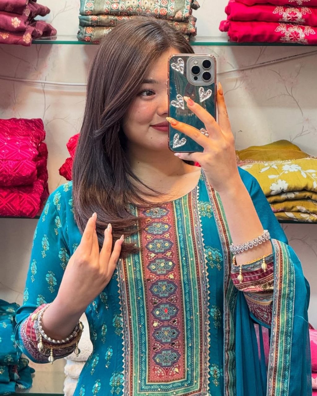 Graceful Blue Chinon Ethnic Suit Set with Elegant Detailing