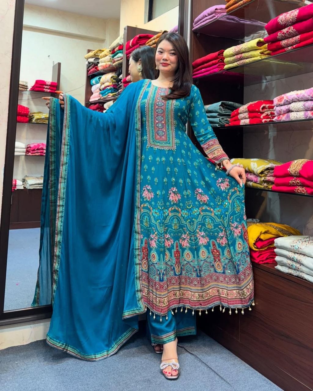Graceful Blue Chinon Ethnic Suit Set with Elegant Detailing