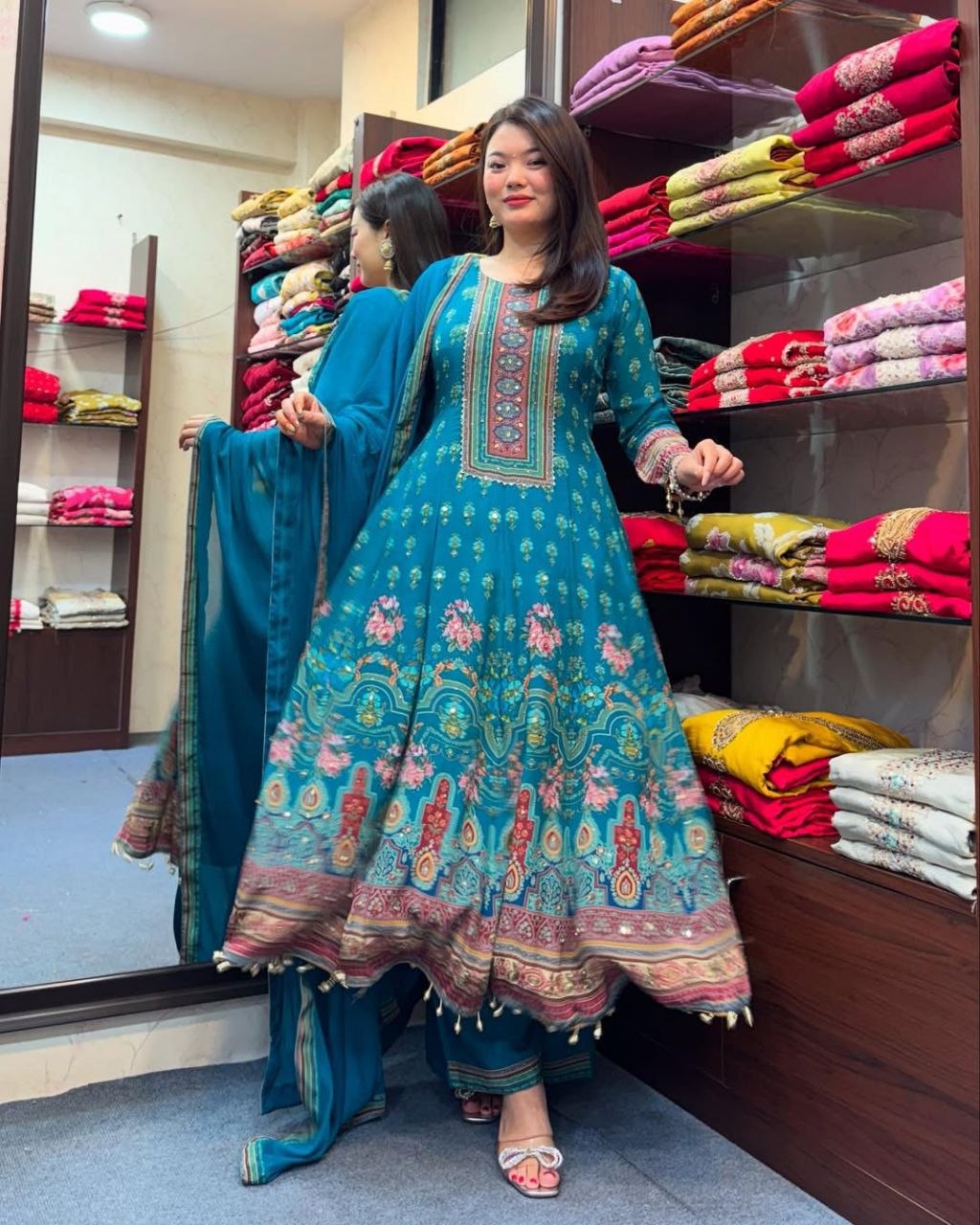 Graceful Blue Chinon Ethnic Suit Set with Elegant Detailing