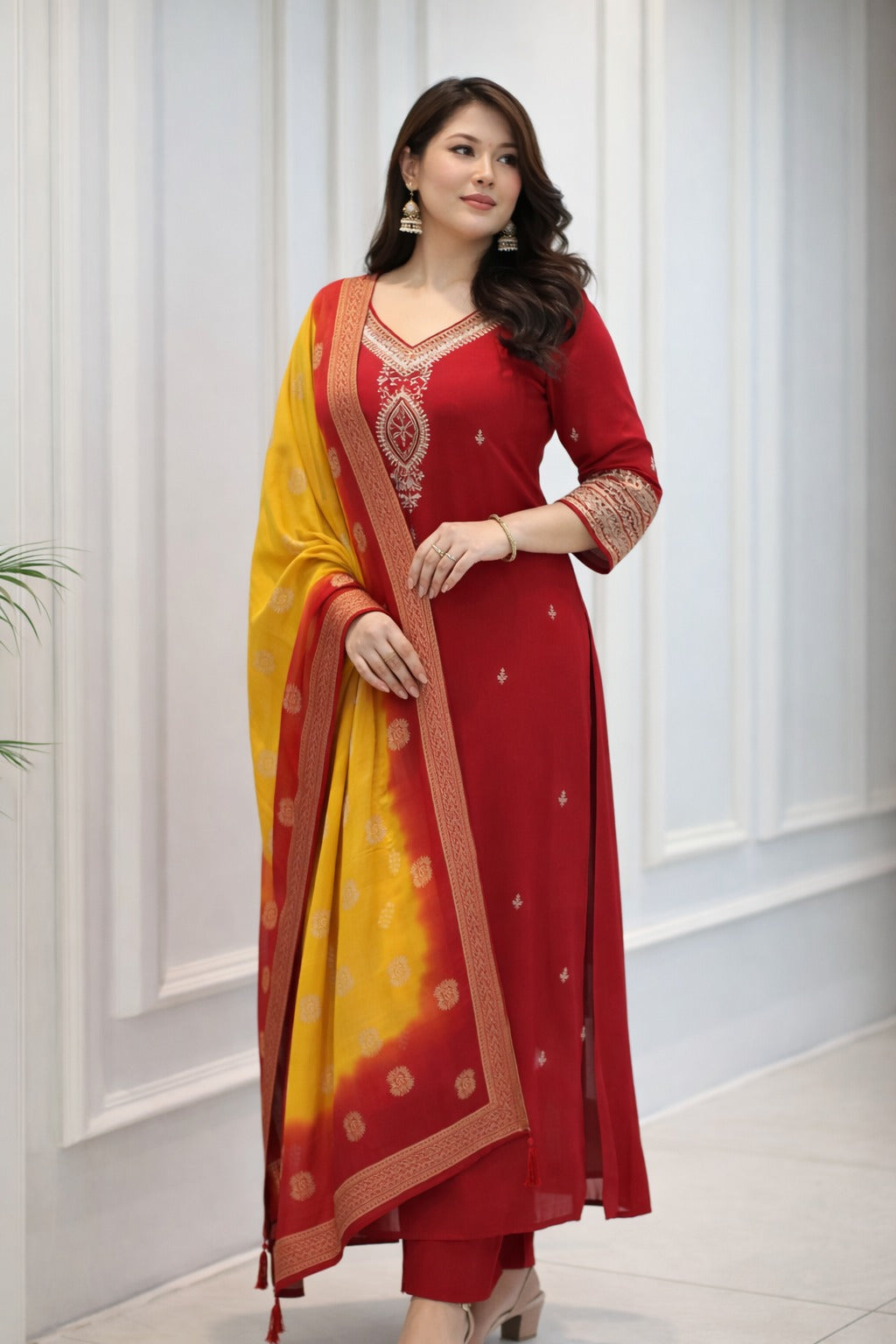 Exquisite Red Berry Silk Kurta Set – 3-Piece Festive Suit