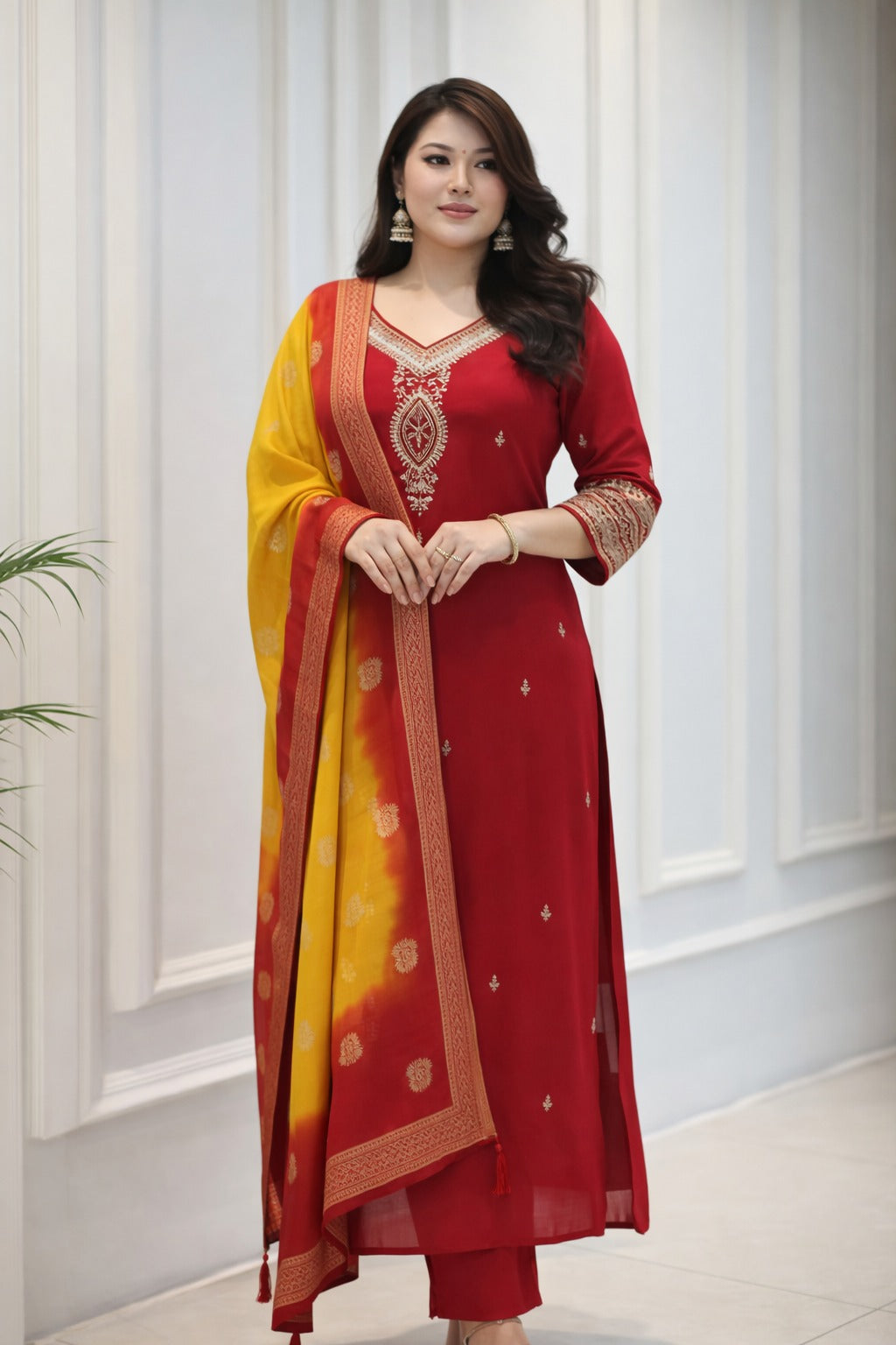 Exquisite Red Berry Silk Kurta Set – 3-Piece Festive Suit