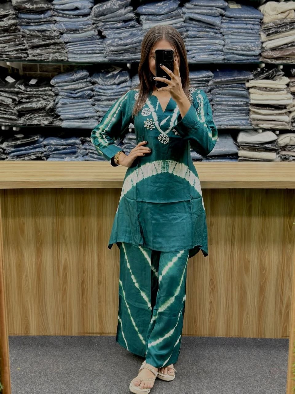 Teal Blue Shibori Print Cotton Blend Kurta Set