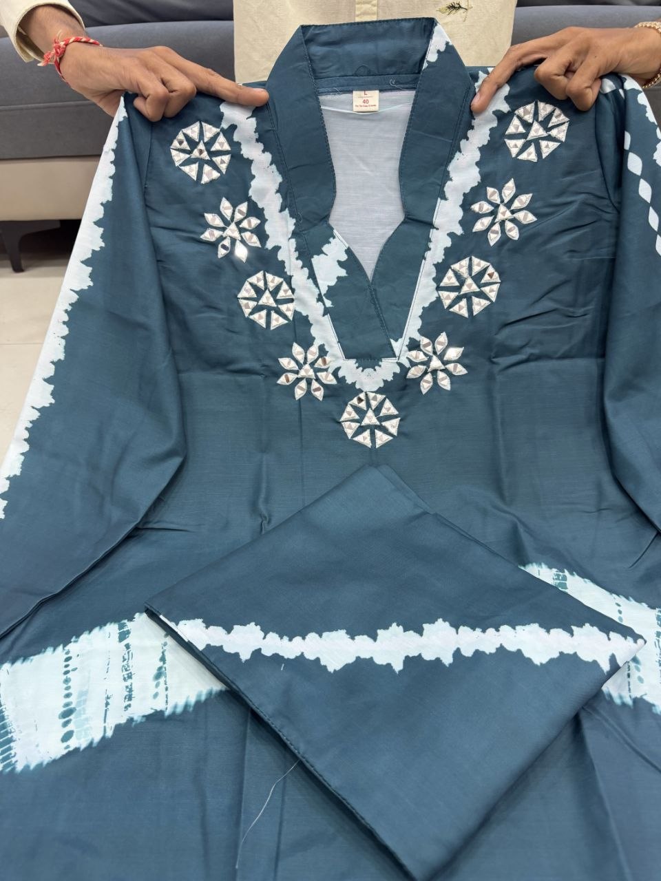 Teal Blue Shibori Print Cotton Blend Kurta Set