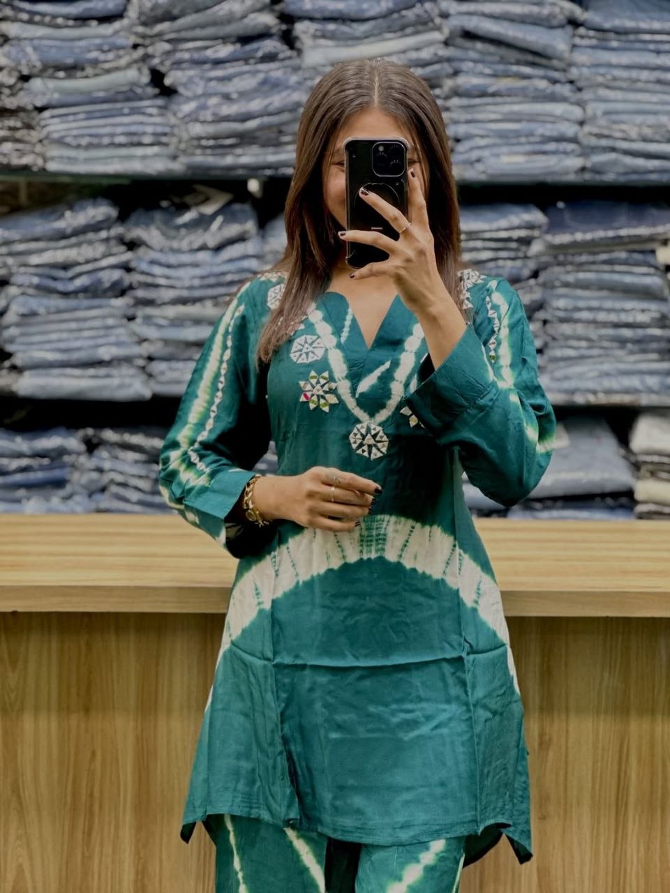 Teal Blue Shibori Print Cotton Blend Kurta Set