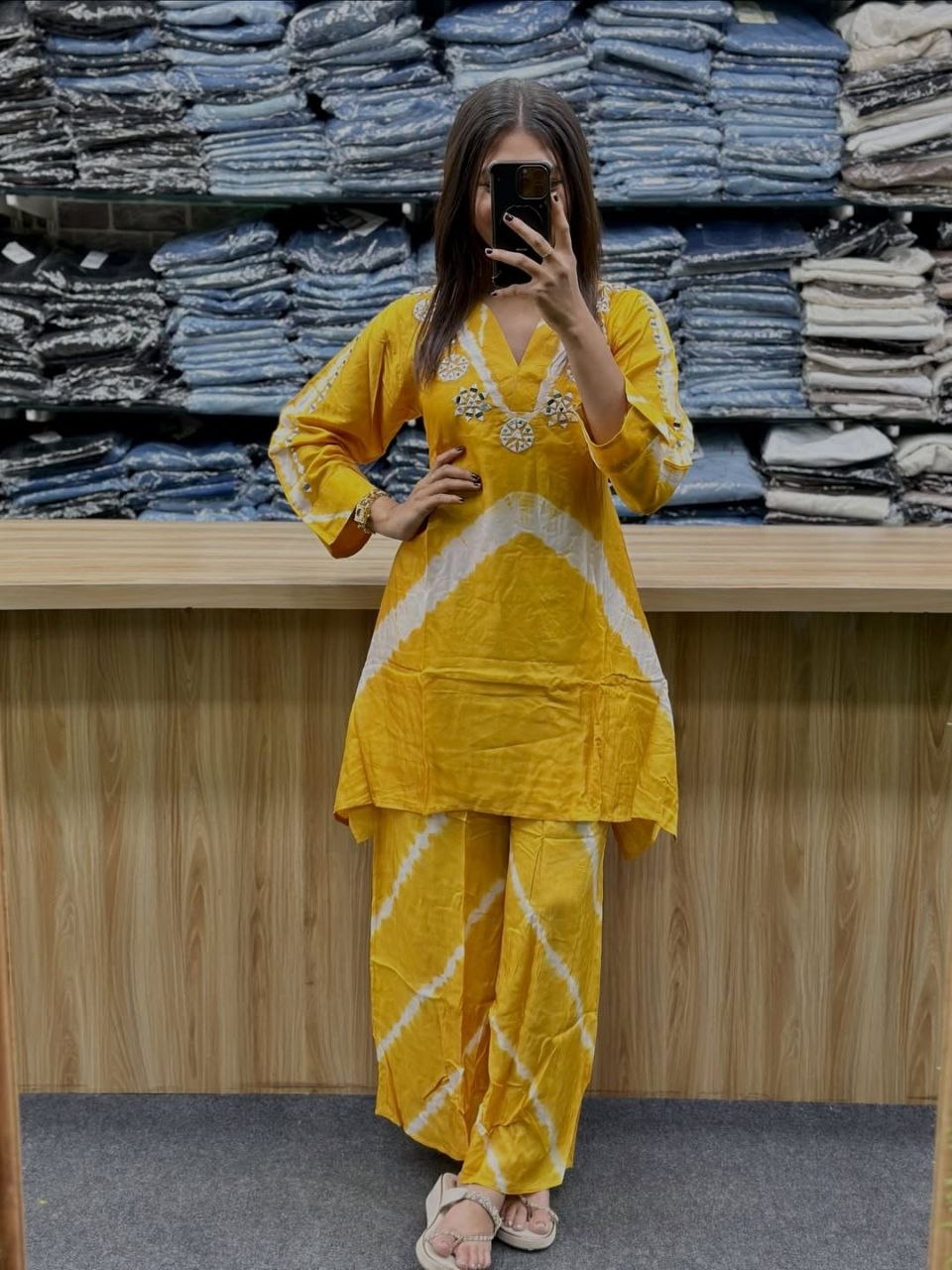 Vibrant Yellow Shibori Print Cotton Blend Kurta Set with Mirror Work