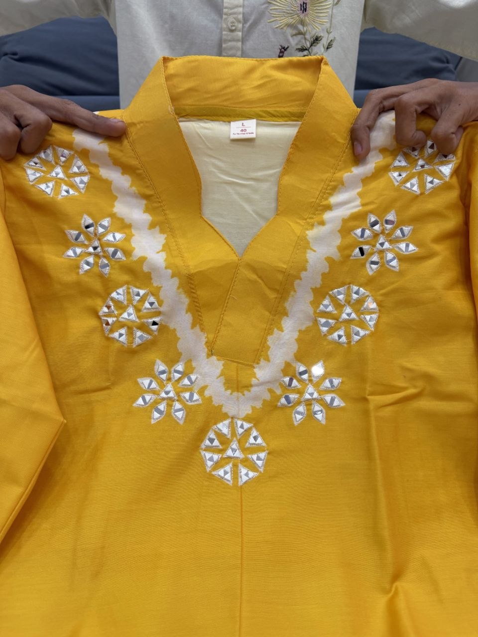 Vibrant Yellow Shibori Print Cotton Blend Kurta Set with Mirror Work