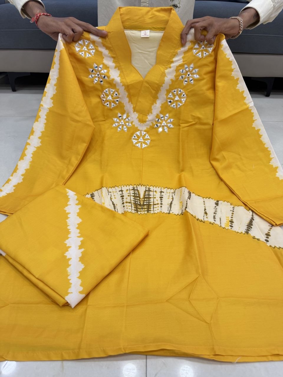 Vibrant Yellow Shibori Print Cotton Blend Kurta Set with Mirror Work