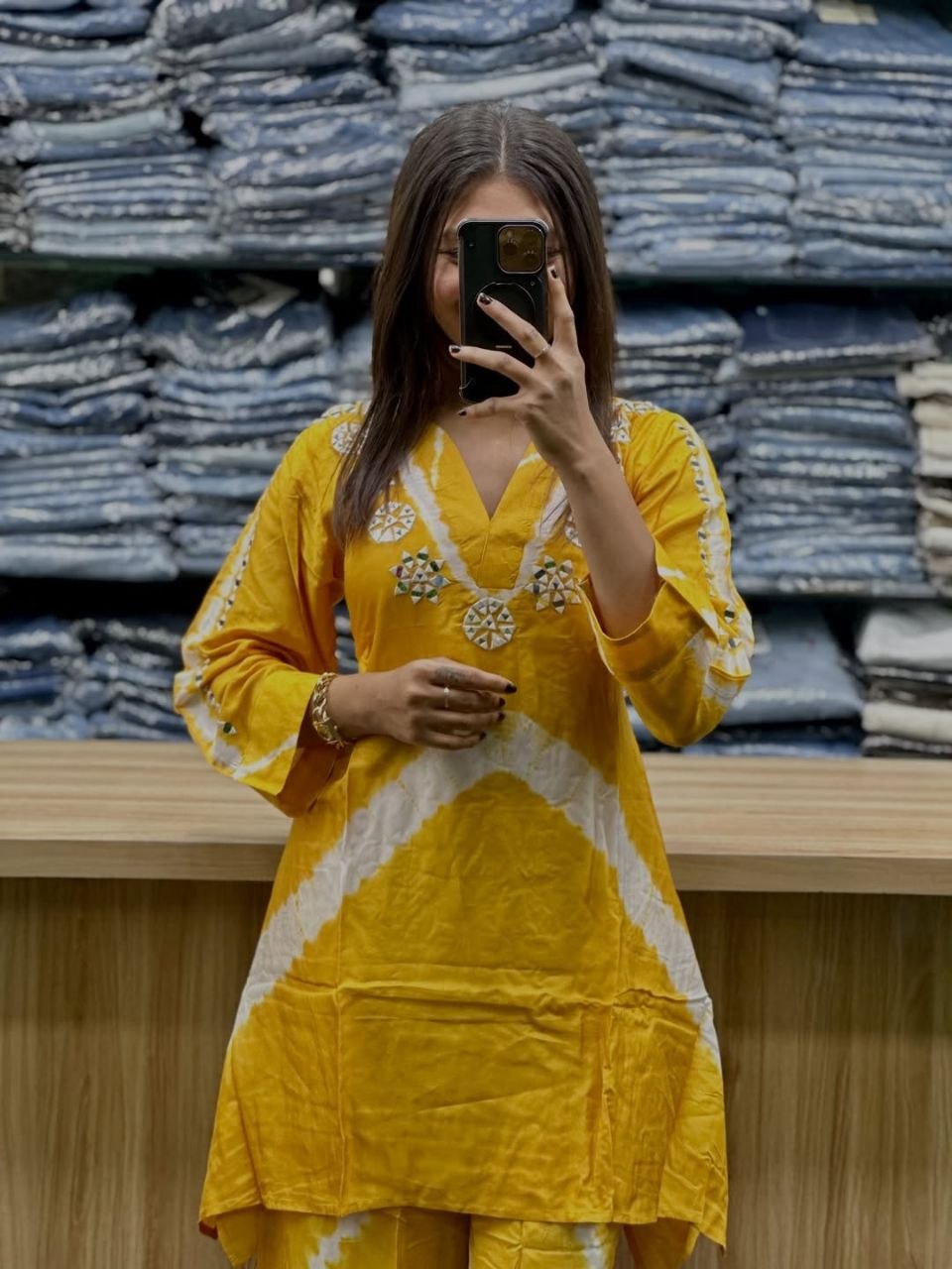 Vibrant Yellow Shibori Print Cotton Blend Kurta Set with Mirror Work
