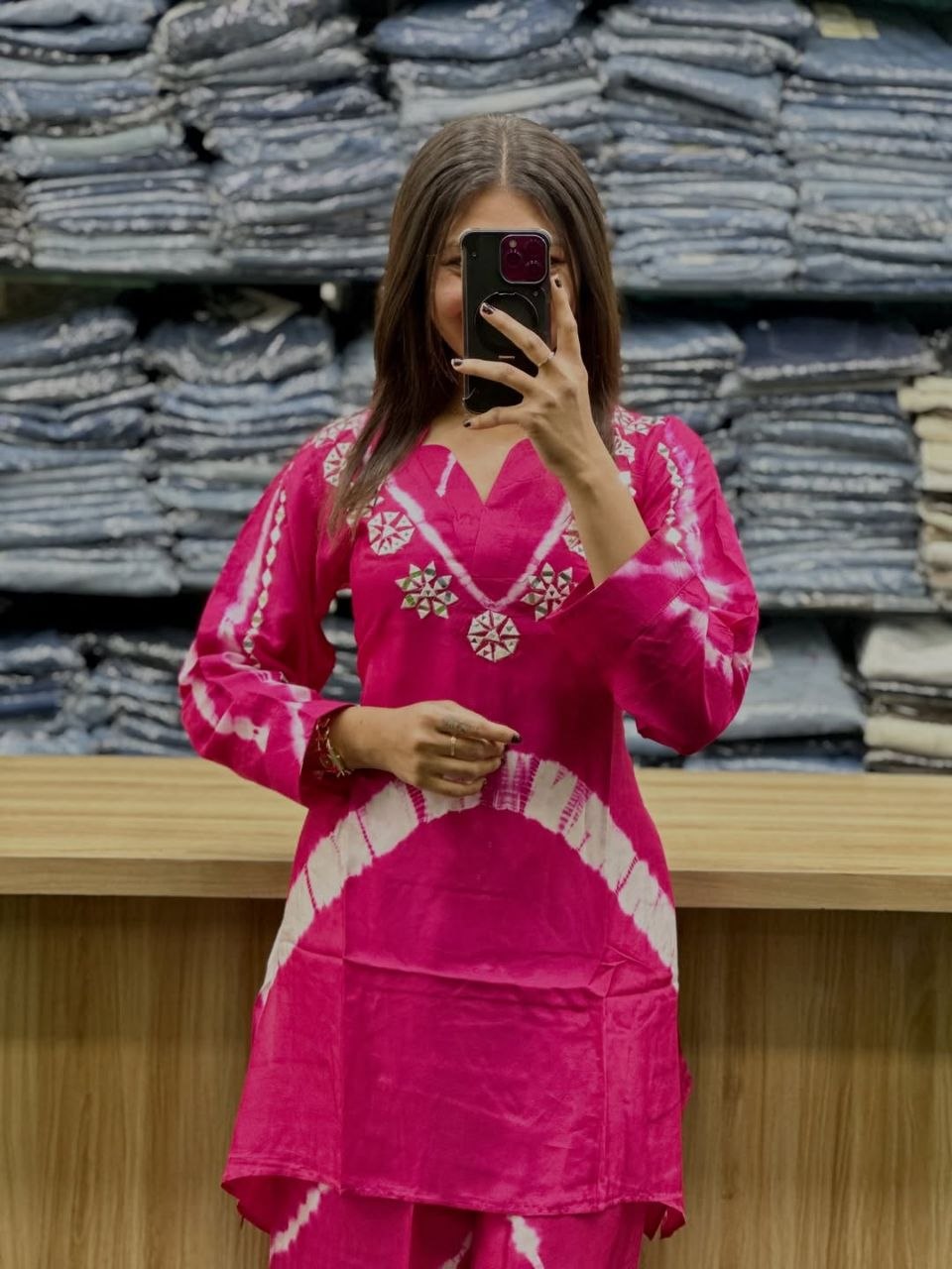 Stunning Pink Cotton Blend Shibori Printed Kurta Set