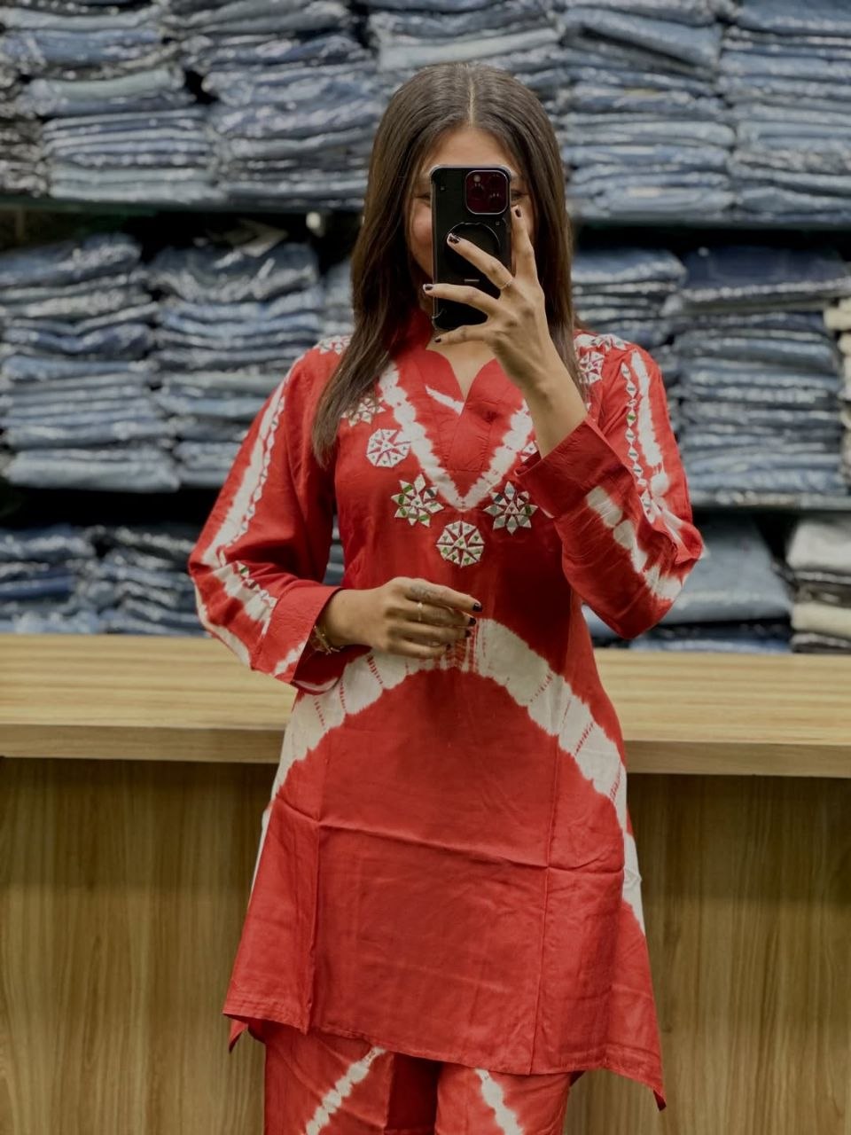 Vibrant Red Shibori-Style Cotton Blend Kurta Set