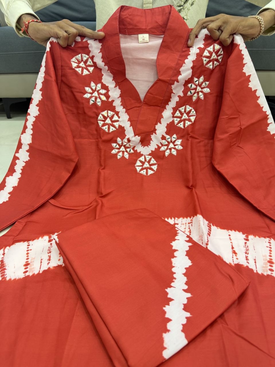 Vibrant Red Shibori-Style Cotton Blend Kurta Set