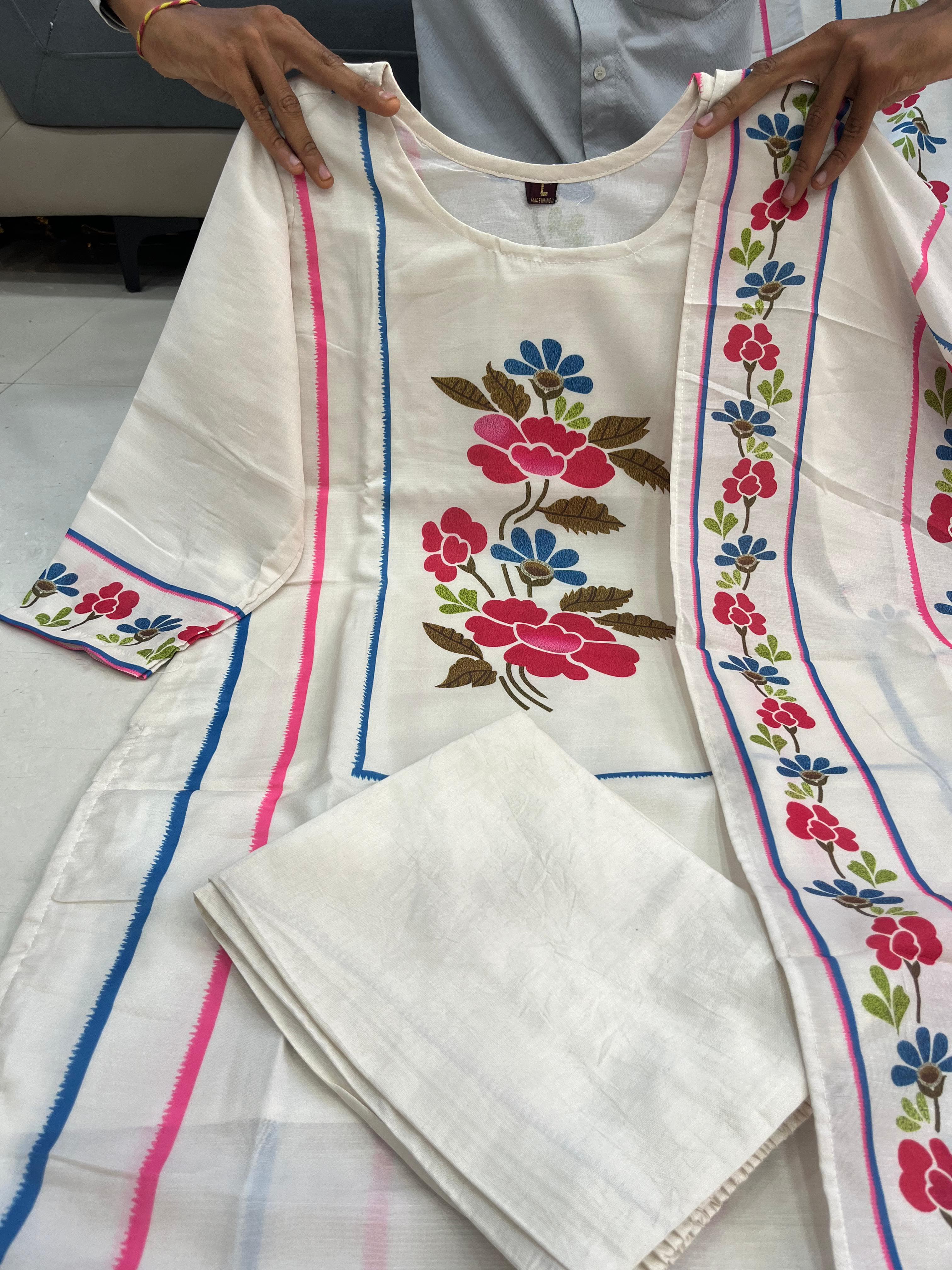 Floral Bliss Hand-Embroidered Muslin Kurta Set with Matching Dupatta
