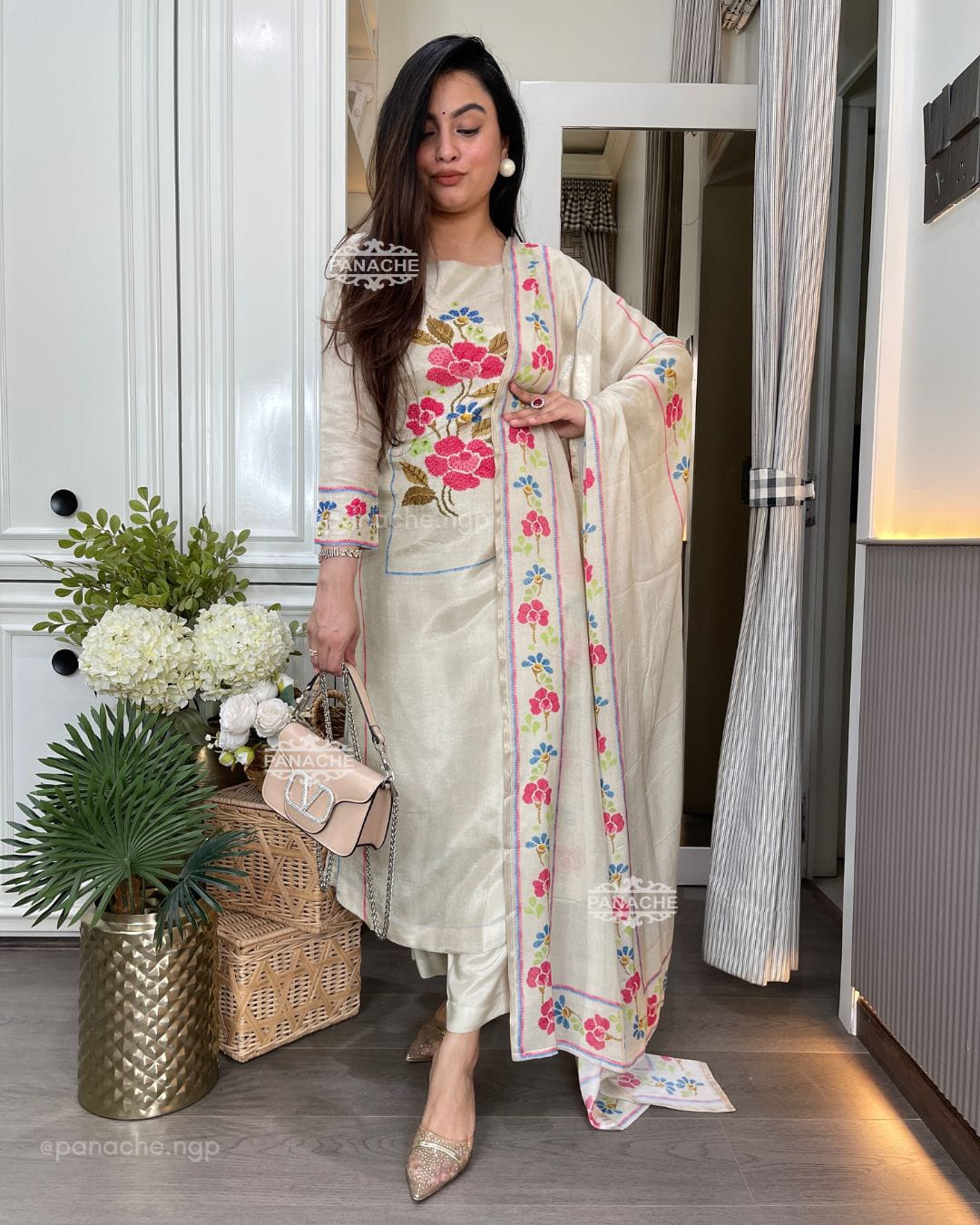 Floral Bliss Hand-Embroidered Muslin Kurta Set with Matching Dupatta