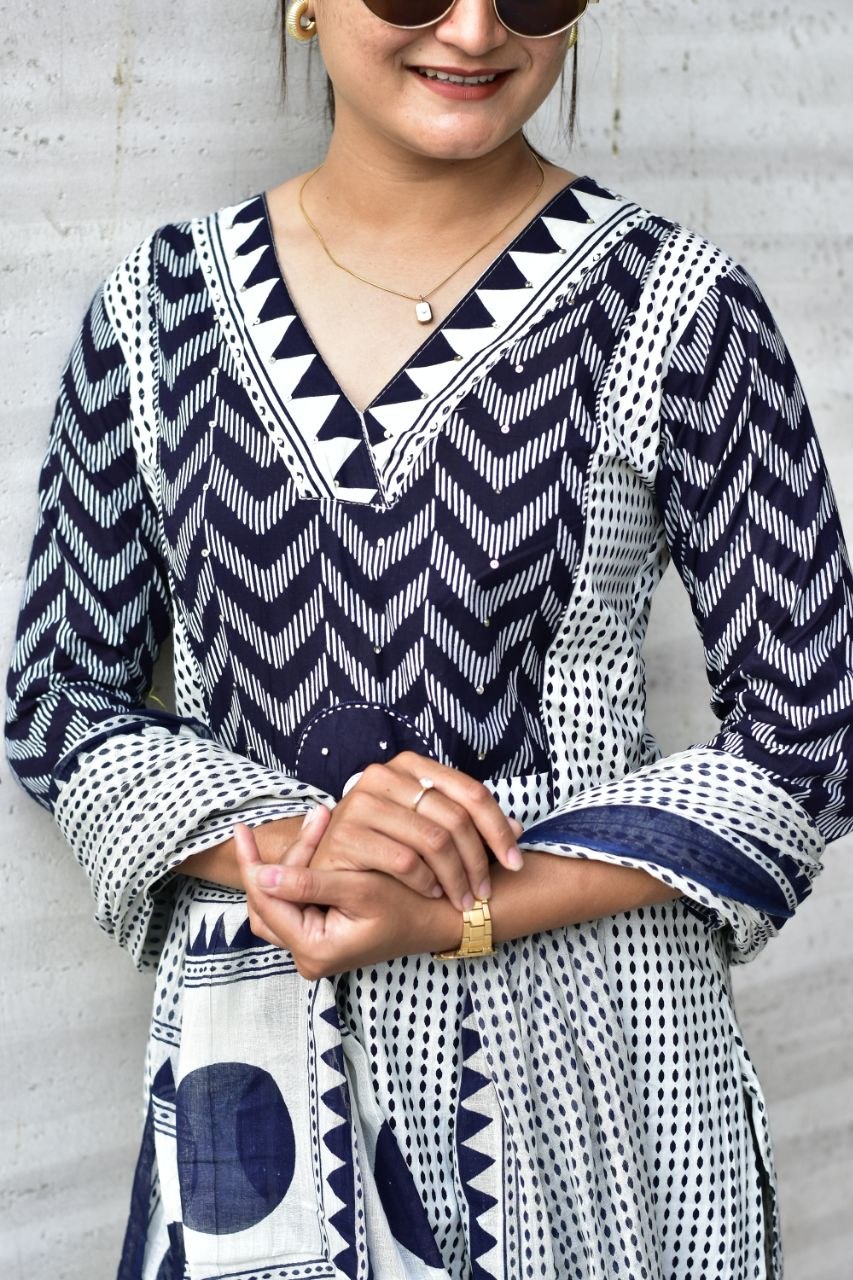 Indigo Essence Geometric Block-Print Cotton Kurta Set with Statement Dupatta