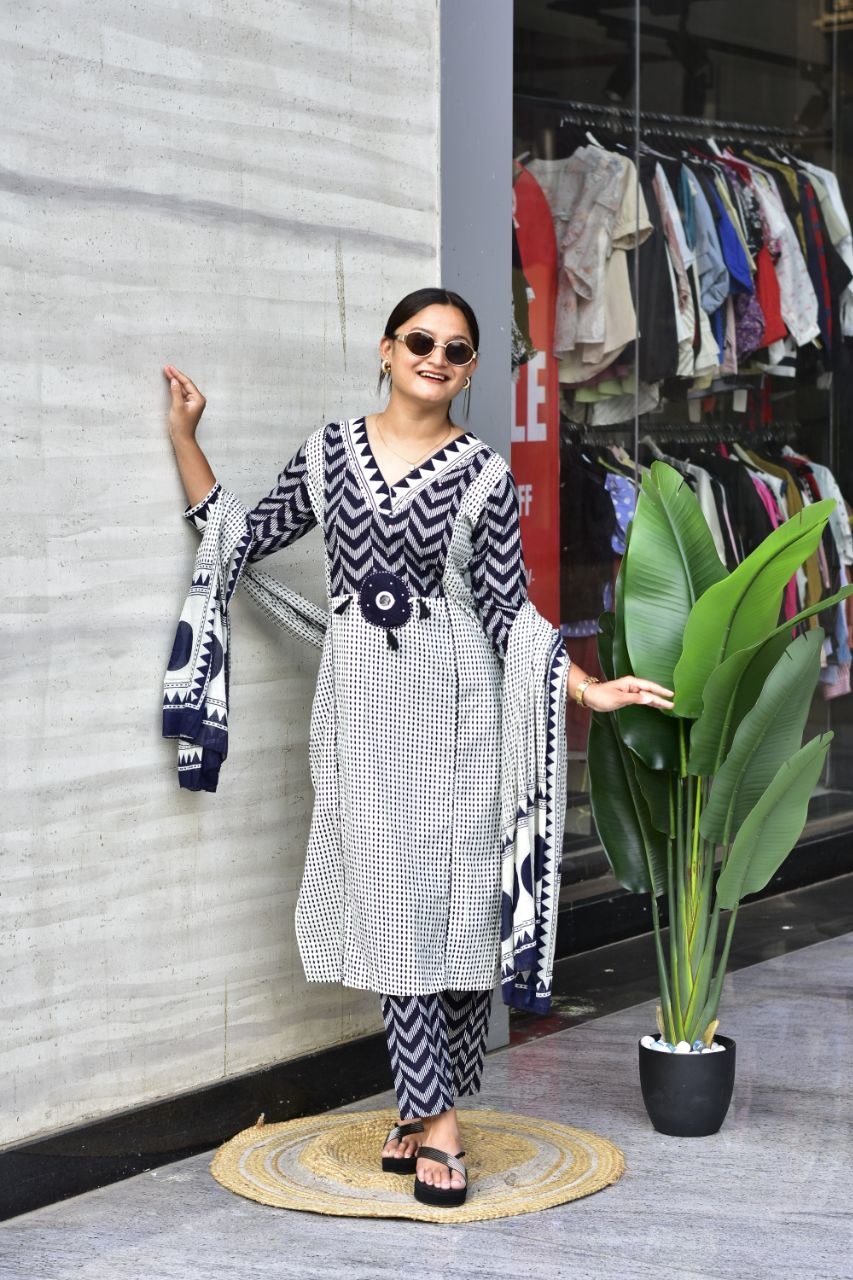 Indigo Essence Geometric Block-Print Cotton Kurta Set with Statement Dupatta