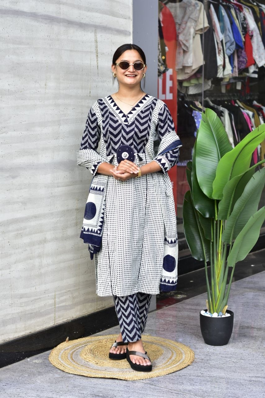 Indigo Essence Geometric Block-Print Cotton Kurta Set with Statement Dupatta