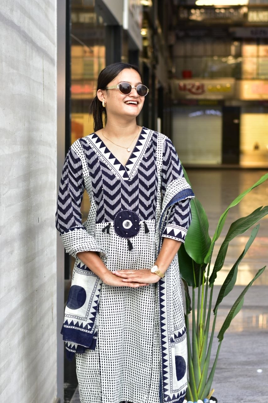 Indigo Essence Geometric Block-Print Cotton Kurta Set with Statement Dupatta