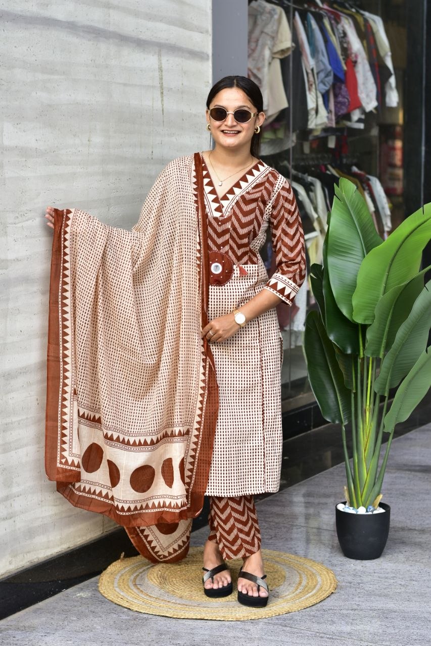 Rustic Elegance Hand-Block Inspired Cotton Kurta Set with Printed Dupatta