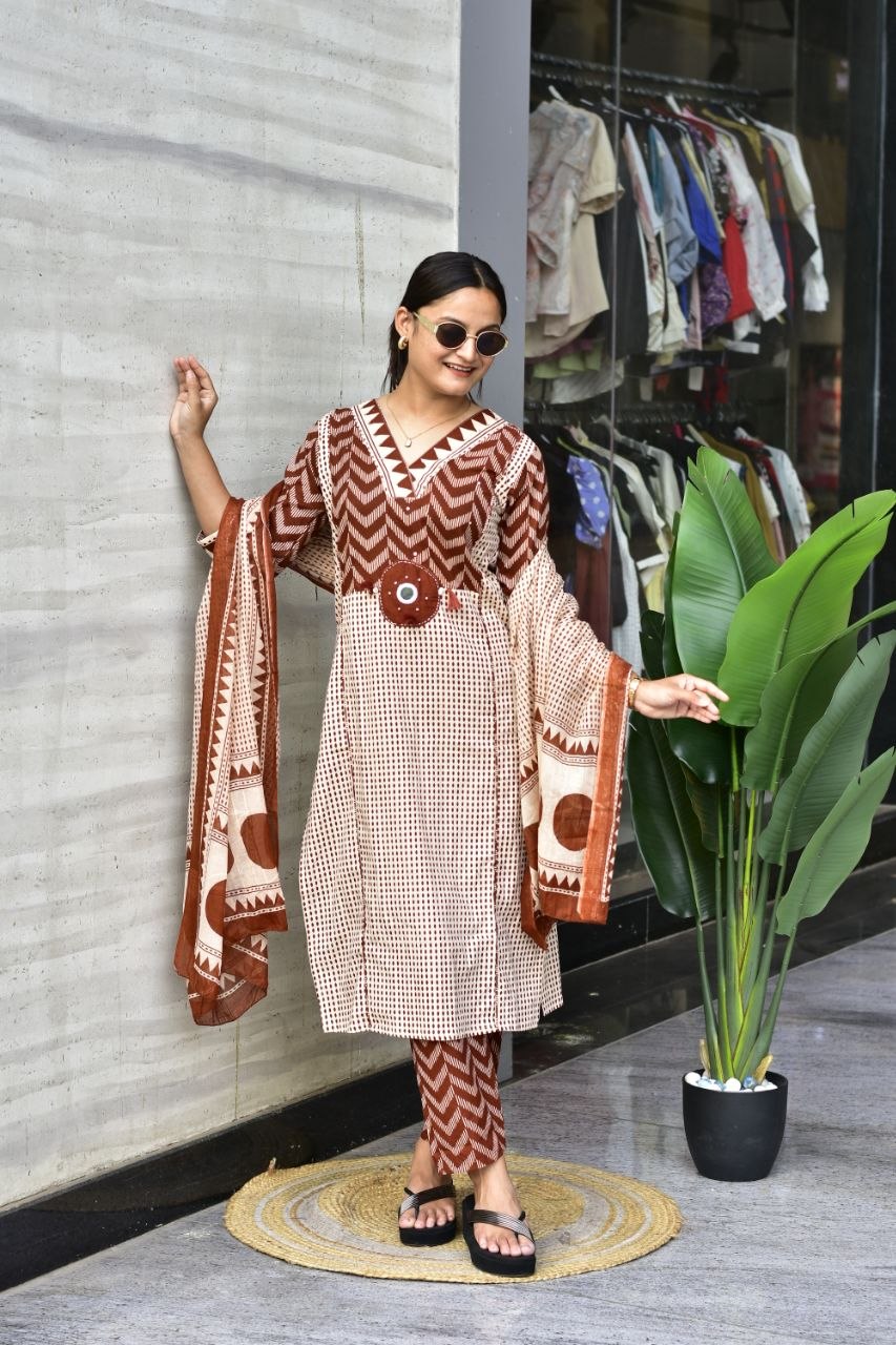Rustic Elegance Hand-Block Inspired Cotton Kurta Set with Printed Dupatta