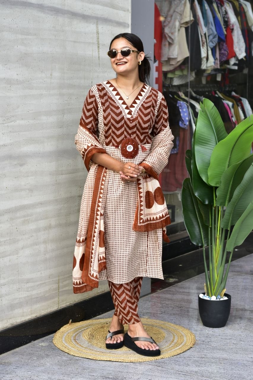 Rustic Elegance Hand-Block Inspired Cotton Kurta Set with Printed Dupatta