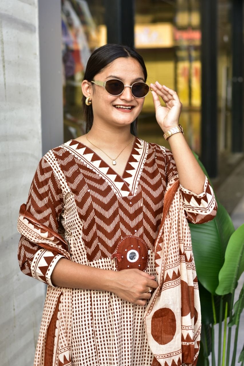Rustic Elegance Hand-Block Inspired Cotton Kurta Set with Printed Dupatta