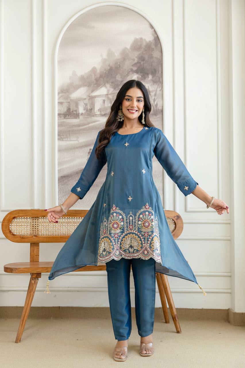 Blue Art Silk High-Low Kurta Set with Intricate Peacock Embroidery