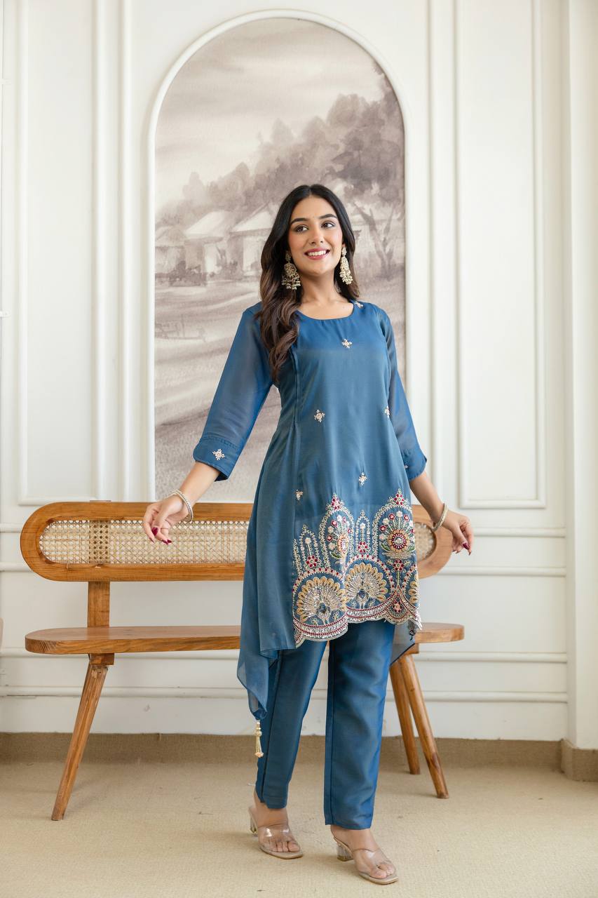 Blue Art Silk High-Low Kurta Set with Intricate Peacock Embroidery