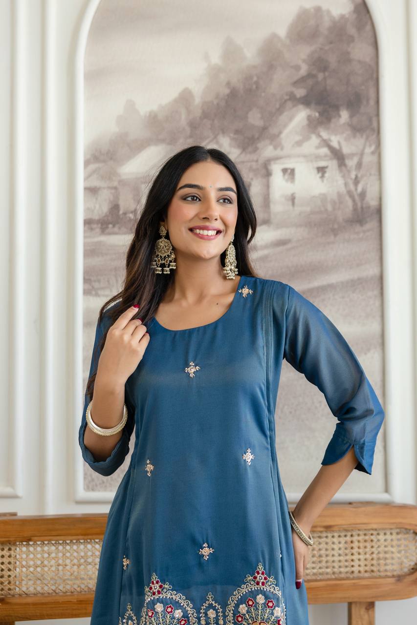 Blue Art Silk High-Low Kurta Set with Intricate Peacock Embroidery