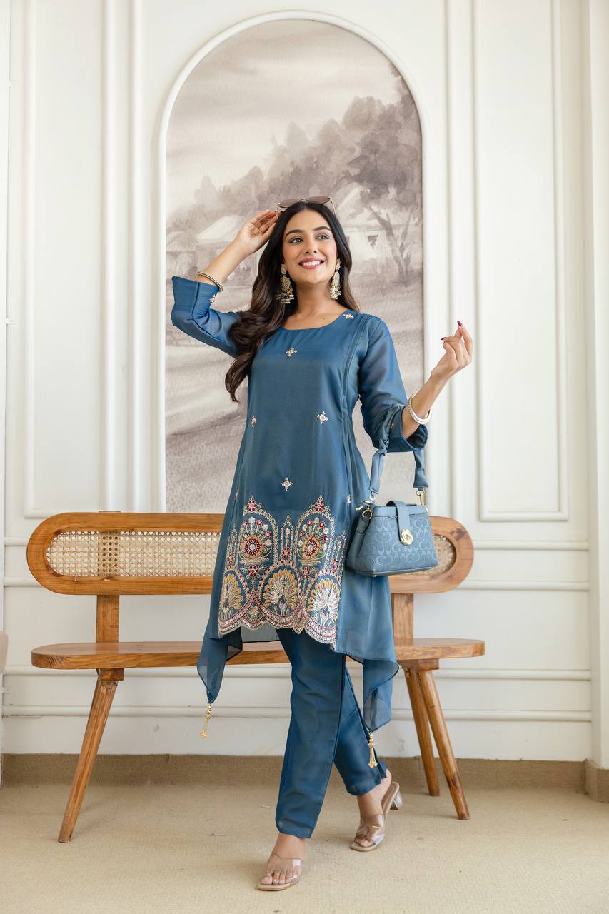 Blue Art Silk High-Low Kurta Set with Intricate Peacock Embroidery