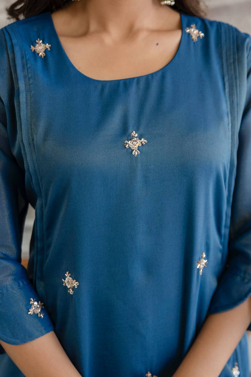 Blue Art Silk High-Low Kurta Set with Intricate Peacock Embroidery