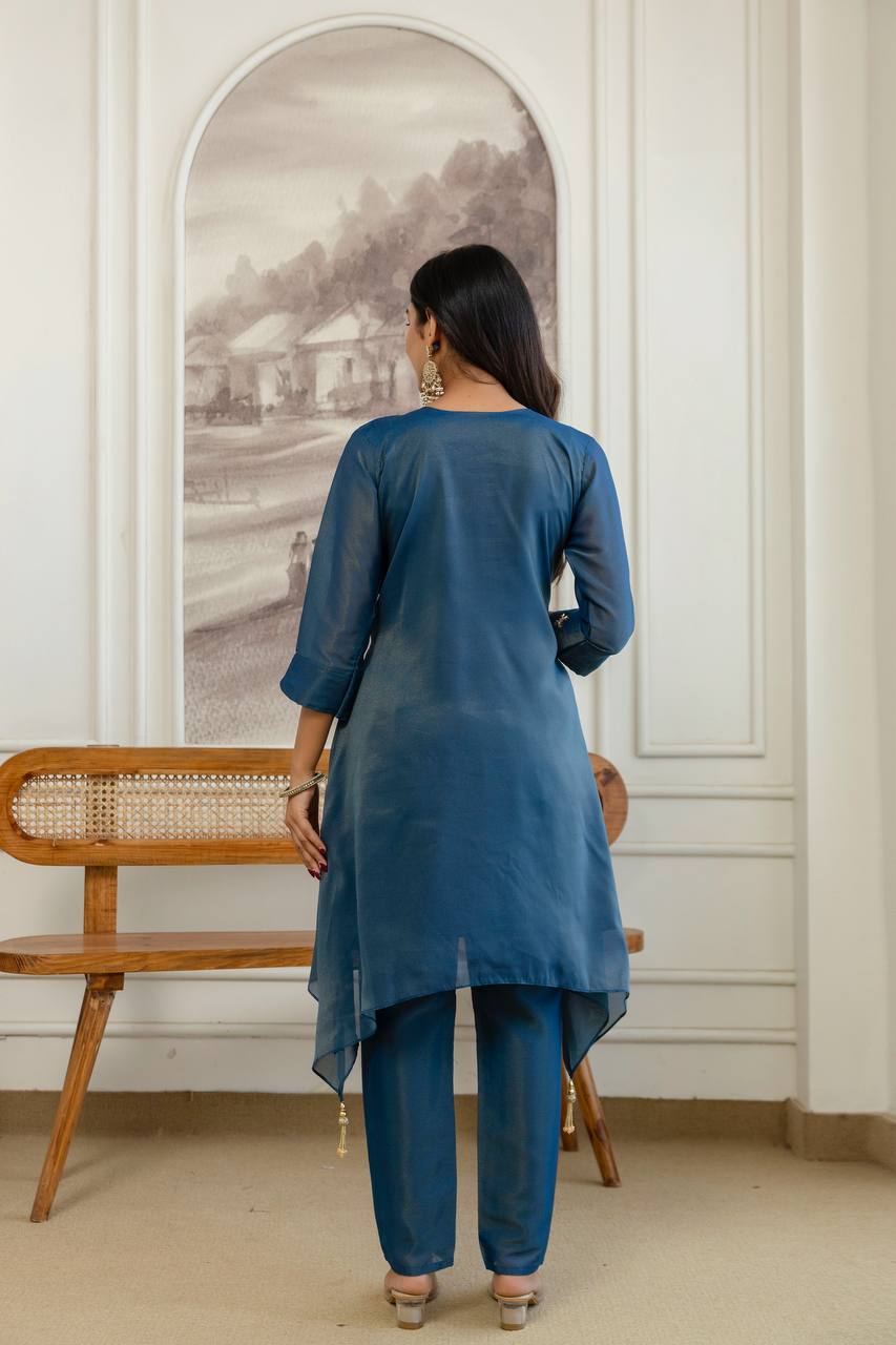 Blue Art Silk High-Low Kurta Set with Intricate Peacock Embroidery