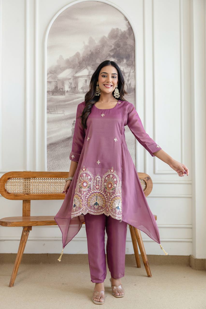 Mauve Art Silk Asymmetric Kurta Set with Peacock Embroidery
