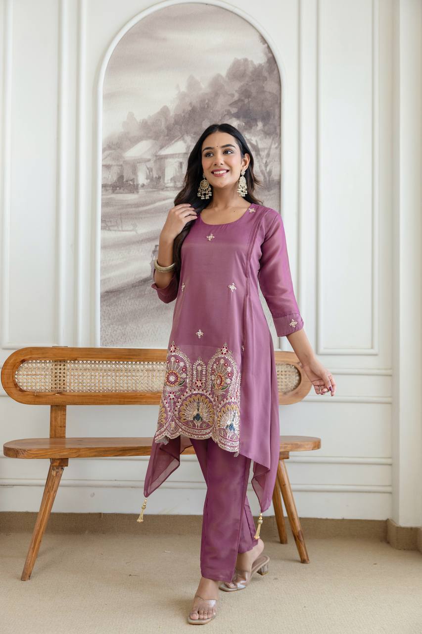 Mauve Art Silk Asymmetric Kurta Set with Peacock Embroidery