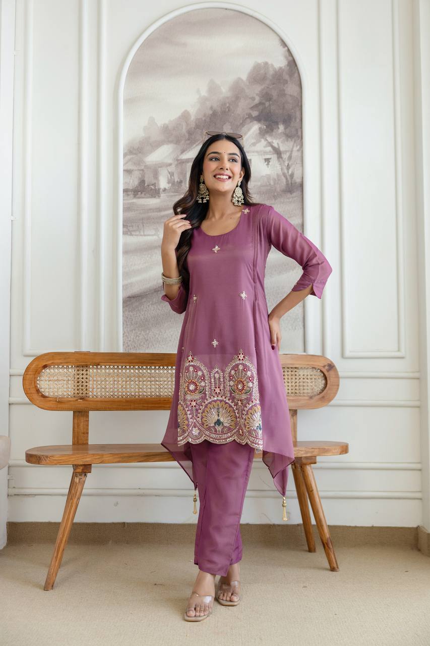 Mauve Art Silk Asymmetric Kurta Set with Peacock Embroidery